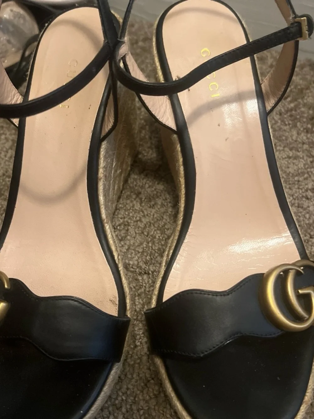 Gucci Black Leather Wedge Sandals with Gold Logo